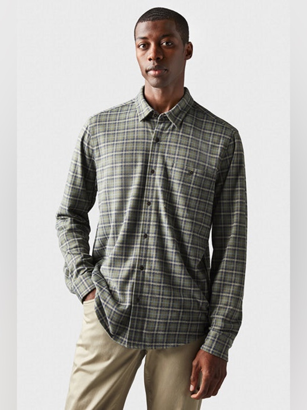 Rhone Olive/Navy Plaid Knit Flannel Button Up Shirt size XL